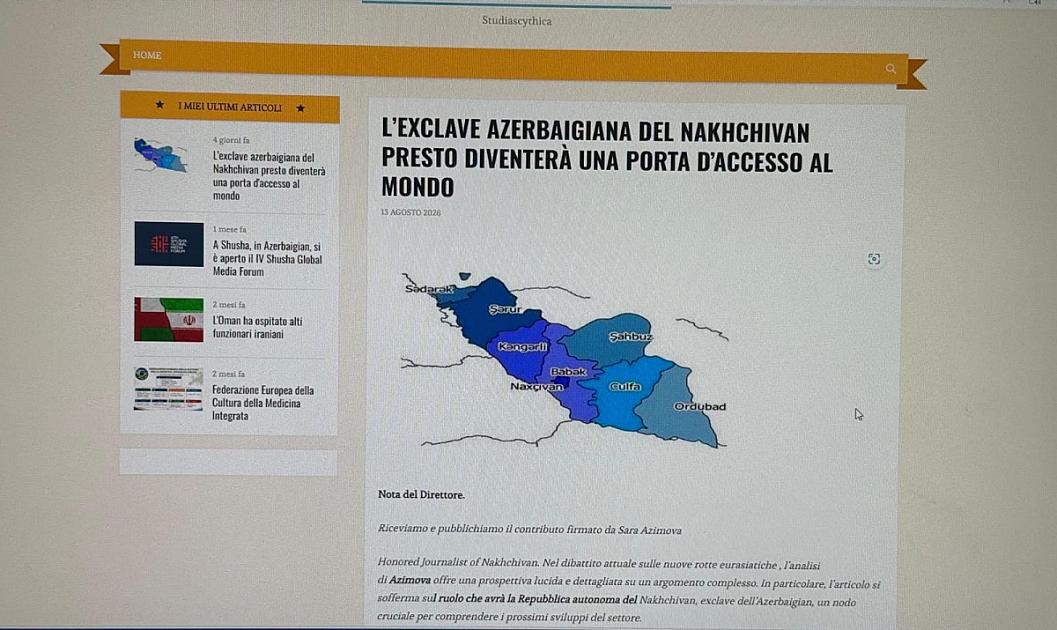 Sara Əzimovanın Prezidentin Naxçıvana səfəri ilə bağlı məqaləsi İtaliya mediasında yayımlanıb